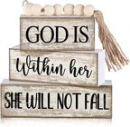 Lineshading 4 Pcs Christian Table Decor Rustic Wooden Block Sign Set with God Is Within Her She Will Not Fall Farmhouse Stacked Decor with Beaded Garland Tassel Christian Home Decors for Office, Shelf