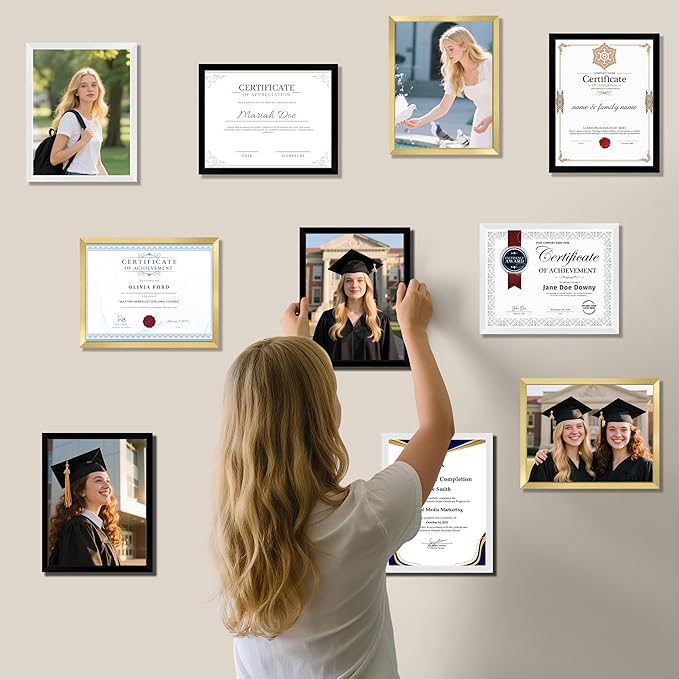 NEXCOVER Diploma Frame Gold 6 Pack, 8.5 x 11 Certificate Frame with HD Plexiglass, 8.5 by 11 Picture Frames for Documents, Photos, Posters, Artworks, Horizontal and Vertical Wall Display