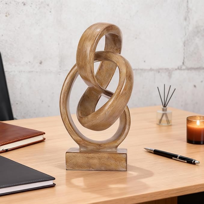 Abstract wood-toned knot sculpture, geometric decorative statue, wood-toned accent piece for living room coffee table or bookshelf surface, office TV cabinet or entryway console table decoration.
