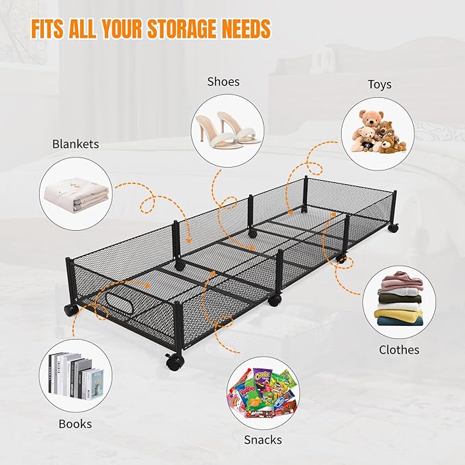 Under Bed Storage With Wheels, 47.2''/90lbs/57.6L, Metal Frame Under Bed Rolling Storage, Tool-Free Assembly Underbed Drawers, Underbed Organizer Containers for Shoes, Clothes and Toys