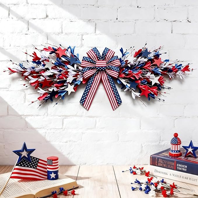 4th of July Patriotic Swag Red White and Blue Memorial Day Front Door Floral Twigs Swag with Forsythia Flowers Stars Independence Day 250th Anniversary Veterans Day Decor for Arch Wall Home Decor