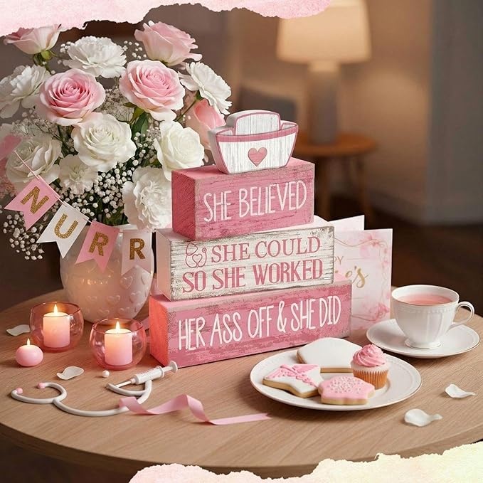 Lineshading 4 Pcs Nurse Appreciation Wooden Block Decor Inspirational "she Believed She Could" Stacked Sign with Nurse Hat Rustic Pink White Table Decoration for Nurses, Graduation Gift, Home & Office