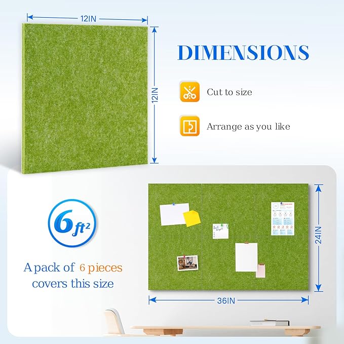 DOLLAR BOSS Felt Cork Board Tiles, 6 Packs 12" x 12" 1/2" Thick Cork Bulletin Board Self Adhesive Corkboards for Walls with 60 Pushpins for Home Office Kitchen School Decor Display, Green