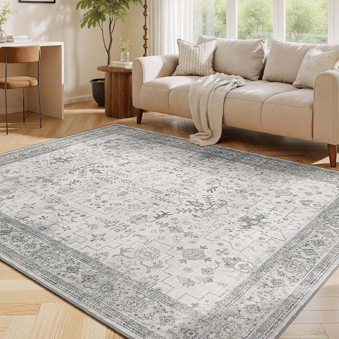 Lessymo Bedroom Rug 5x7 Area Rug for Living Room, Soft Non Slip Washable Rug for Dinning Nursery Farmhouse Office, Boho Carpet Kids & Pets Friendly, Vintage Floral Neutral Decor, Taupe Grey