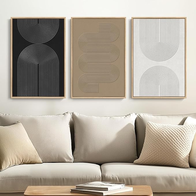 Framed Black and White Brown Abstract Wall Art, 3 Piece Boho Geometric Canvas Prints Paintings Artwork for Walls, Modern Minimalist Neutral Pictures for Living Room Dining Room Bedroom Wall Decor 16x24 In