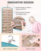 BAGSMART Hanging Jewelry Organizer, Necklace Holder Anti-tangle Earrings Rings Hanger with 20 Jewelry Bags Travel Storage Roll with Pockets Hang on Closet, Wall, Door,1 Piece, Large, Teal