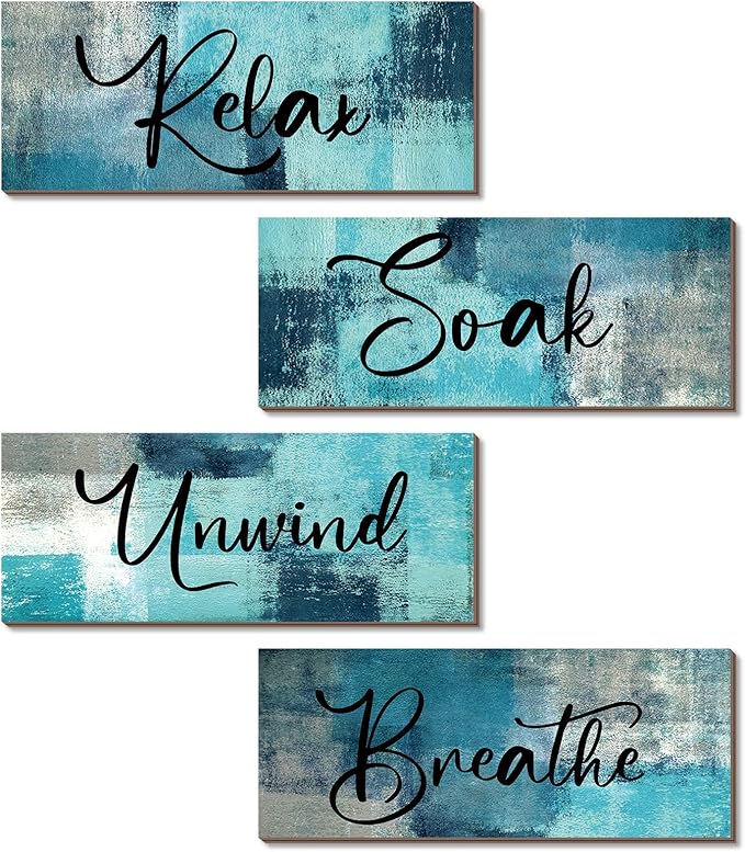 Maitys 4 Pcs Bathroom Wall Decor 10 x 4 Inch Bathroom Wall Art Contemporary Wood Restroom Pictures for Soak Unwind Relax Hanging Sign Spa Rustic Vintage Farmhouse Pediments(Turquoise and Grey)