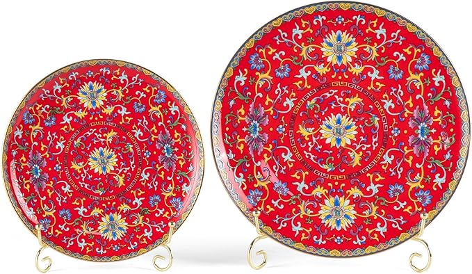 KAMMAK Decorative Plates Set for Display, Red Ceramic Plate Decor with Stand, Handmade Vintage Porcelain Ornament for Table, Living Room, Kitchen, Office, Perfect Chinese Style Dish Gift (8in+10in)