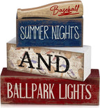 Lineshading 4 Pcs Baseball Decorations Stacked Wooden Blocks Signs with Bat Topper, Summer Nights Ballpark Lights Decor - Baseball Table Decor Ideal Gift for Fans Boys Room Party Coffee Shelf