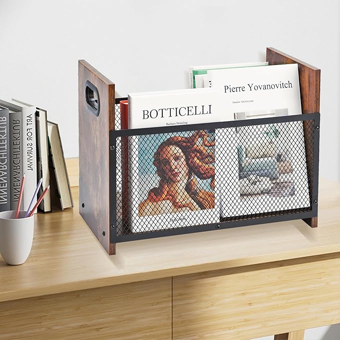 Magazine Holder, Desktop Magazine Rack File Holder Organizer Rustic Storage Basket for Magazines, Books, Newspapers, Tablets (Large)