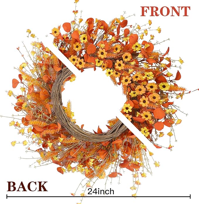Sggvecsy Fall Wreath 24'' Autumn Harvest Daisy Wreath with Orange Eucalyptus Foam Leaves Grain Daisies Berries for Outside Indoor Home Wall Festival Thanksgiving Decor