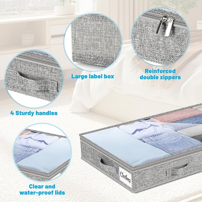3 Inch Low Profile Under Bed Storage Drawer 4 Pack, Lightweight Underbed Clothes Storage Container Bins with NO STURCTURE, Shallow Storage Bag for Dorm & Home, With Clear Lids & Water-Resistant Fabric