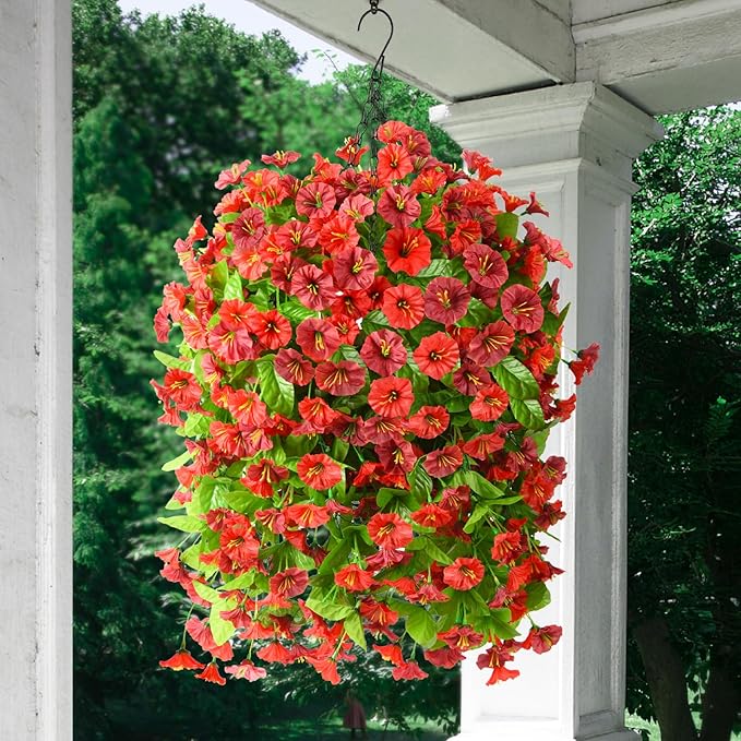 Artificial Fake Hanging Flowers Plants Baskets for Outdoor Spring Summer Decorations,Resistant Faux Morning Glory Silk Plants for Outside UV Resistant Patio Yard Home Porch Decor(Red Brown)