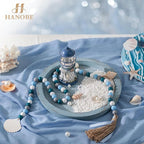 Hanobe Beach Decor Decorative Tray: Farmhouse Coastal Tray for Nautical Themed Decorations Coffee Table - Round Wooden Trays Ocean Style for Bathroom Countertop Centerpiece Rustic Blue