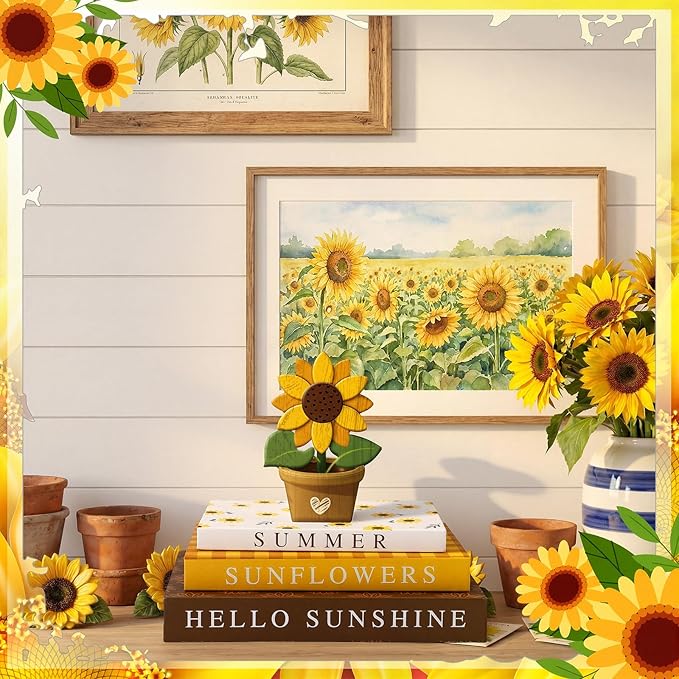 Thyle Sunflower Fake Decorative Books Wooden Sunflower Table Signs Faux Summer Decor Farmhouse Hello Sunshine Decoration Books for Summer Party Office Home Shelf Coffee Table Mantel Decor