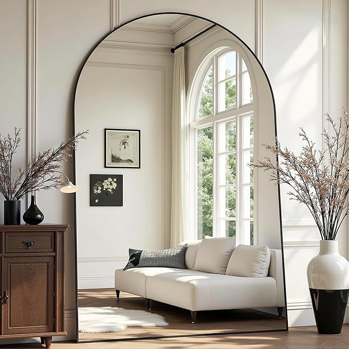 Prywot Full Length Mirror, Oversized 90"x46" Arched-Top Floor Mirror, Free Standing Mirrors, Modern Full Body Mirrors with Aluminum Alloy Frame for Bedroom,Living Room, Black