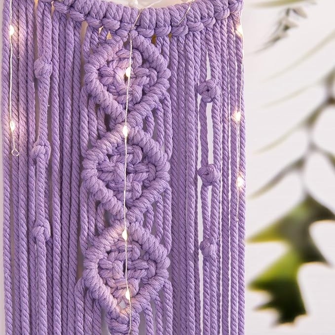 Boho Macrame Woven Wall Hanging for Girl, Crochet Crescent Moon Star Dream Catcher with Light, Purple Cotton Handmade Bohemian Home Decor Decoration for Kids Nursery Bedroom Dorm Room