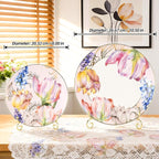 KAMMAK Ceramic Decorative Plate Set of 2, Porcelain Plates for Kitchen Dining Room Wine Cabinet Home Decor, Vintage Collector Plates with 2 Display Stand, Tulip (8-inch + 10.5-inch)