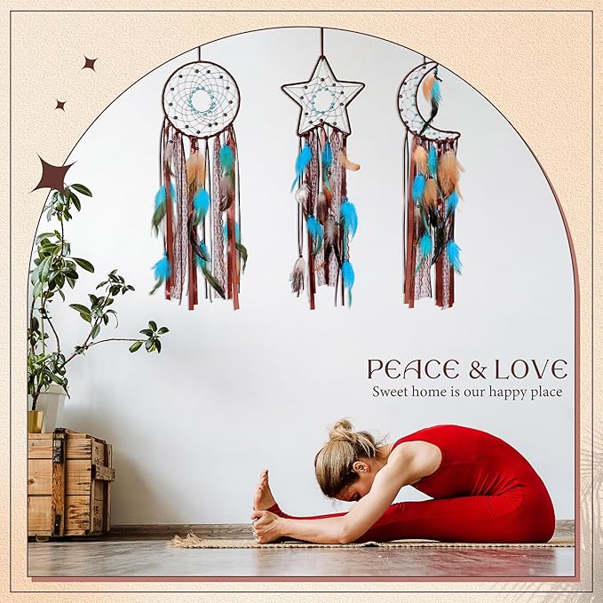 Jetec 3 Pcs Dream Catcher Moon Sun Star Design Handmade Traditional Design Craft Ornament Wall Art Hanging Home Decoration Bedroom Wedding (Dark Blue)