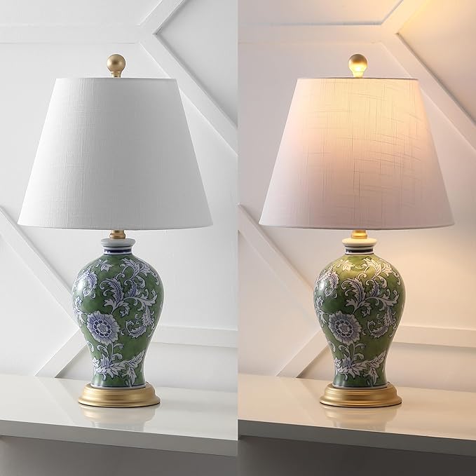 JONATHAN Y 24" Green/White French Country Ceramic Floral Urn Table Lamp, White Linen Shade, Chinoiserie Ginger Jar Bedside Lamp for Living Room Bedroom, LED Bulb (JYL3009F)