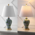 JONATHAN Y 24" Green/White French Country Ceramic Floral Urn Table Lamp, White Linen Shade, Chinoiserie Ginger Jar Bedside Lamp for Living Room Bedroom, LED Bulb (JYL3009F)