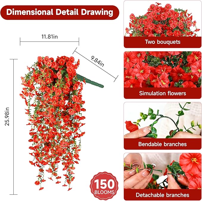 Artificial Hanging Flowers for Outdoors, 2 PCS UV Resistant Faux Silk 150 Morning Glory Each Trailing Vines, Fake Plants for Spring Outdoor Garden Planter Porch Patio Decoration, Red