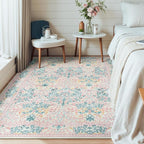 Lessymo Bedroom Rug 5x7 Area Rug for Living Room, Vintage Washable Floral Floor Mat Pink Rugs for Girls, Low Plie Non Skid Indoor Boho Forest Rugs for Nursery Dining Room, Pink Green