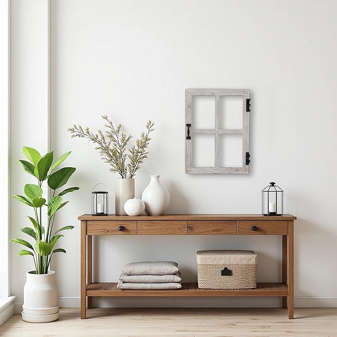Sintosin Small Rustic Window Frame Wall Decor 12 X 16 Inch, Hanging Handmade Washed White Wooden Farmhouse Faux Window Wall Decor for Living Room Bedroom Entryway Hallway, Horizontal or Vertical