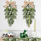 2 Pcs 24" Artificial White Flower Teardrop Wreaths Swag Spring Summer Berries Swags Wreath White Floral Hanging Wreaths for Kitchen Cabinet Doors Window Wall Wedding Party Home Decor
