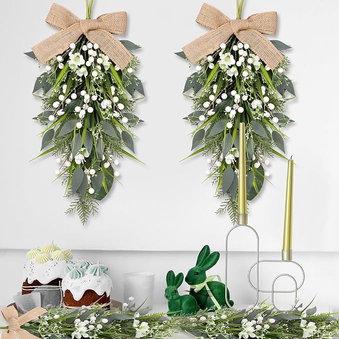 2 Pcs 24" Artificial White Flower Teardrop Wreaths Swag Spring Summer Berries Swags Wreath White Floral Hanging Wreaths for Kitchen Cabinet Doors Window Wall Wedding Party Home Decor