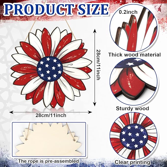 Wooden 4th of July Decoration Door Wreath for Front Door Sign Star Wall Signs, Independence Day Patriotic Day Wreath Welcome Memorial Day Hanging for Home Wall Decor Party Outdoor Indoor Flower