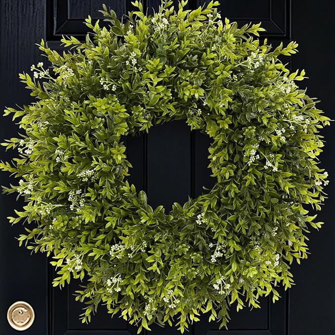 28'' Large Boxwood Wreath for Front Door Porch Window Artificial Boxwood Leaves with White Seed Greenery Outdoor Indoor Wreath for Home Farmhouse Wall Decor Spring Summer Fall All Seasons (Green)