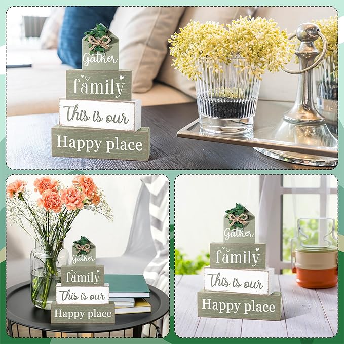 Cinnvoice 4 Pcs Farmhouse Tabletop Decor Rustic Family Blessed Home Table Centerpiece This Is Us Sign for Kitchen Shelf Desk Fireplace Mantel Tiered Tray Decor(Gather Family This is Our Happy Place)