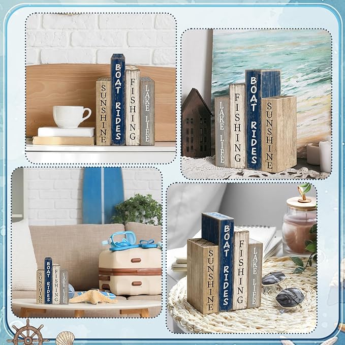 Lineshading 4 Pcs Summer Lake House Decor Stacked Wooden Block Set with Lake Life Boat Rides Fishing Sunshine Blue White Summer Table Decor Wooden Book Signs for Fishing & Boating Lovers Gifts