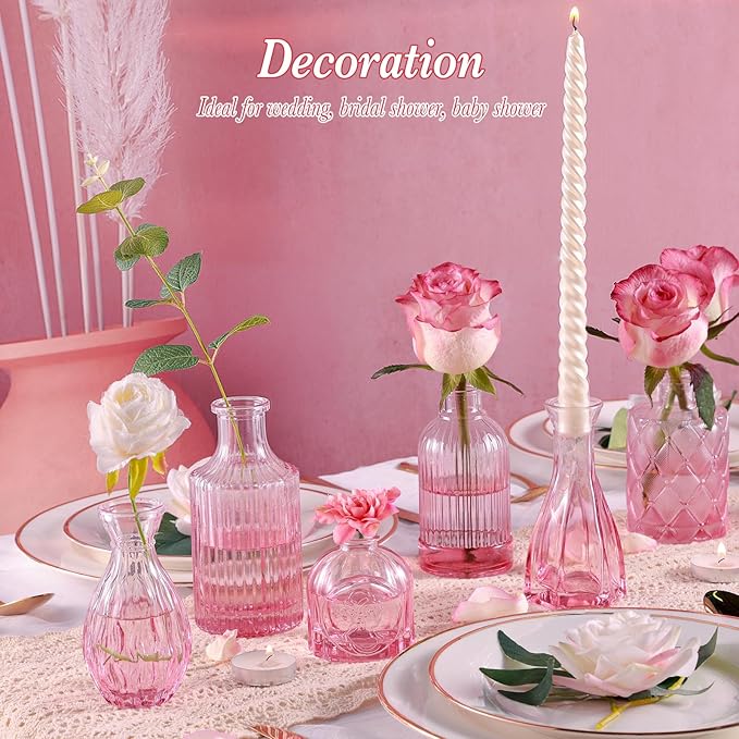 Valentine's Day Glass Pink Bud Vases Set of 12, Mini Flower Valentine Vase for Centerpieces, Small Vases in Bulk for Wedding Decorations, Vintage Vase for Table, Home Décor