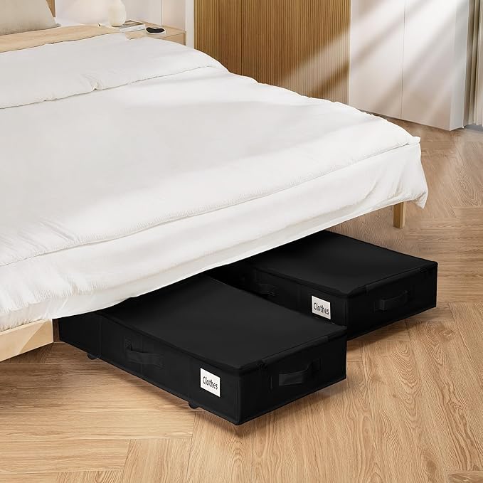 Under Bed Storage with Wheels, Rolling Under Bed Storage Containers with Label Holders for Clothes, Shoes and Blankets, Underbed Shoe Organizer with Cover, 2 Pack Black (30.71x15.7x7.28 in)