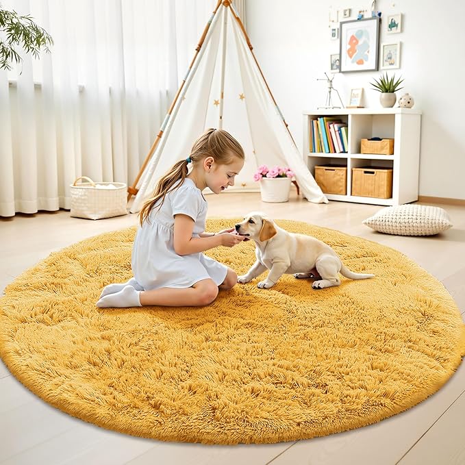 OLANLY Mustard Yellow Round Rugs for Bedroom - Machine Washable, 6 ft Circle Area Rugs for Living Room, Soft and Fluffy Shaggy Carpet for Teen Girl and Boys, Nursery Rooms, Dorms, Home Decor Aesthetic