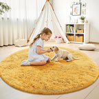 OLANLY Mustard Yellow Round Rugs for Bedroom - Machine Washable, 6 ft Circle Area Rugs for Living Room, Soft and Fluffy Shaggy Carpet for Teen Girl and Boys, Nursery Rooms, Dorms, Home Decor Aesthetic