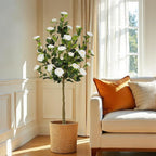 Bellacat 5ft Artificial Camellia Tree with Silk White Flowers, 60in Faux Camellia Plant with Lifelike Trunk, Fake Flower Tree Potted Front Door Plants for Porch Patio Deck Living Room Decor, 2Pack