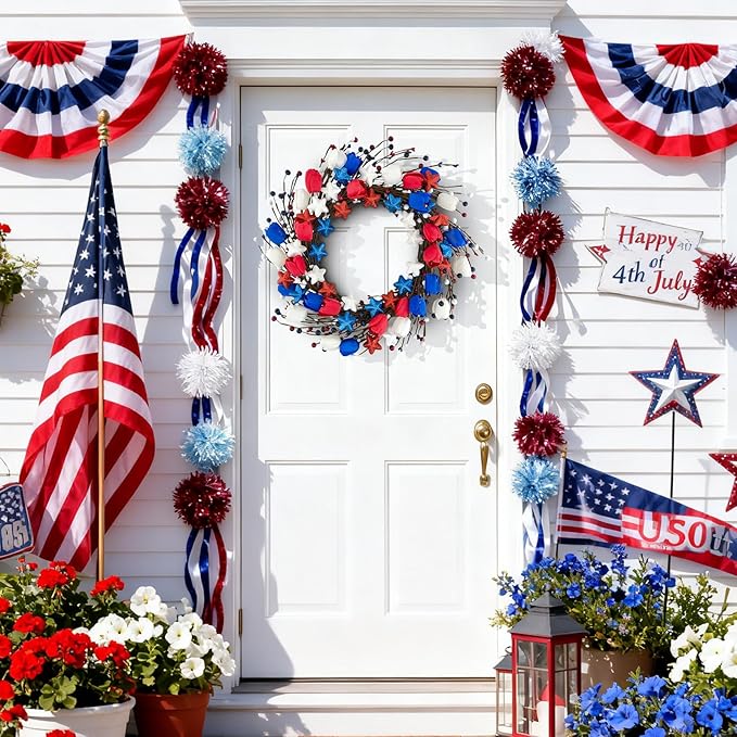 21" Patriotic Wreath for Front Door 4th of July Wreaths with Red White Blue Tulip Flowers&Berry for 250th Anniversary USA Memorial Day, Independence Day Home Porch Wall Outdoor Farmhouse Decoration