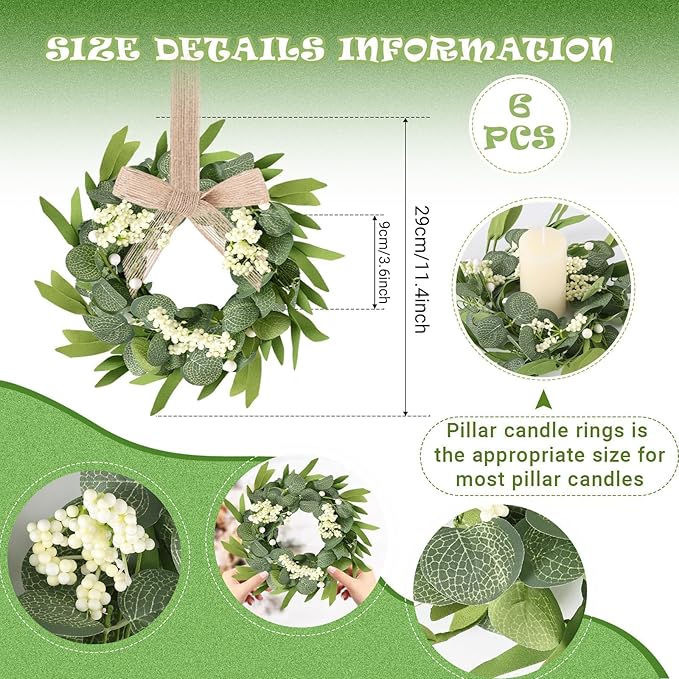 6 Pcs Green Artificial Eucalyptus Swag Wreaths Spring Summer Candle Rings Wreath with White Berries Mini Green Kitchen Cabinet Wreaths with Ribbon for Front Door Porch Wall Window Farmhouse Decoration