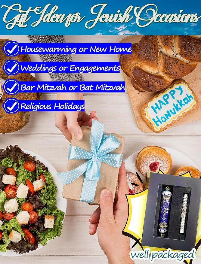 Exquisite Enamel Design Mezuzah with Scroll, Easy Install Use Double-Sided Tape, Royal Blue Mezuzah for Door with Crystal Diamond Accent for Any Memorable Jewish Occasions, 3.8”