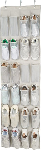 Amazon Basics 24 Medium Mesh Pocket Over-the-Door Hanging Shoe Organizer, Space Saving Shoe Storage, Light Grey | Over-the-Door, 24