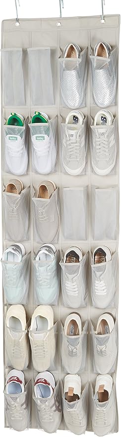 Amazon Basics 24 Medium Mesh Pocket Over-the-Door Hanging Shoe Organizer, Space Saving Shoe Storage, Light Grey | Over-the-Door, 24