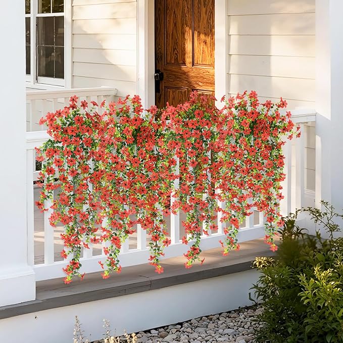 Artificial Fake Hanging Flowers Plants for Outdoor Spring Decoration,2 PCS Faux Silk Daisy with Eucalyptus Leaves,UV Resistant Look Real for Outside Home Indoor Planter Porch Patio Balcony Yard Decor
