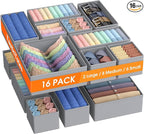 Drawer Organizer Clothes, 16 Pack Drawer Organizers and Underwear Organizer for Nursery, Dividers Clothes Organizer, Closet Organization and Foldable Storage Bins for Socks, Bra, Tie, Grey