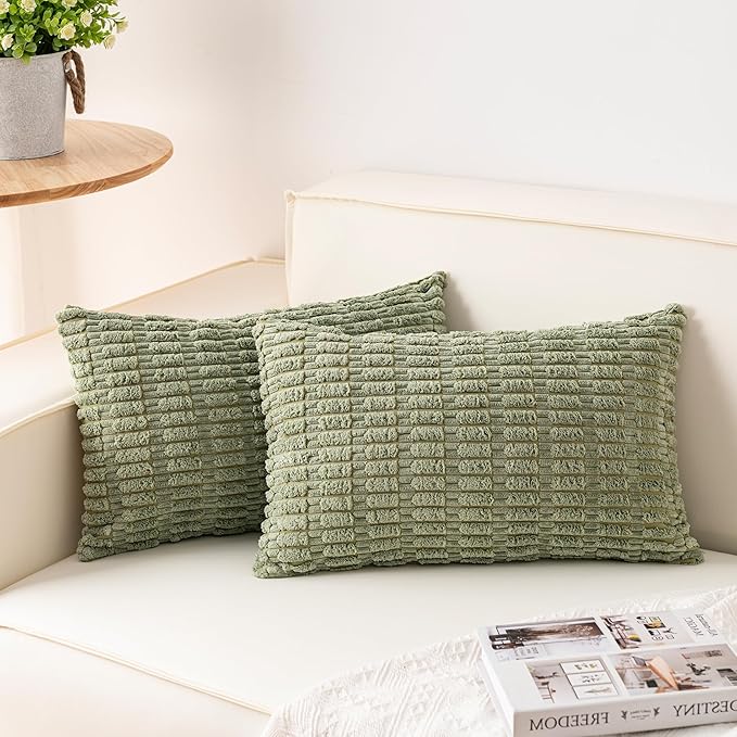 Aegero Pack of 2 Corduroy Decorative Throw Pillow Covers 12x24 Inch Soft Striped Pillow Covers Modern Farmhouse Home Decor for Sofa Living Room Couch Bed（Sage Green）