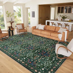 Washable Dark Green Rug for Living Room, 9x12 Large Area Rug for Dining Room, Bedroom, Soft, Low Pile, Non-Slip & Stain Resistant - Vintage Floral Design Carpet