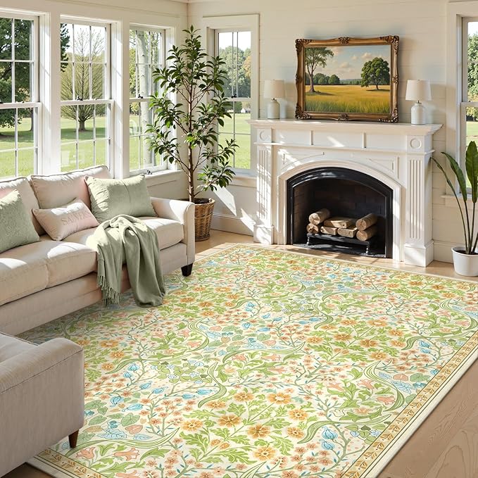 Moynesa Floral Washable Rugs, 8x10 Area Rug for Living Room, Soft Large Boho Bedroom Rugs, Flower Non Slip Ultra Thin Botanical Carpet for Dining Room Nursery Office, Spring