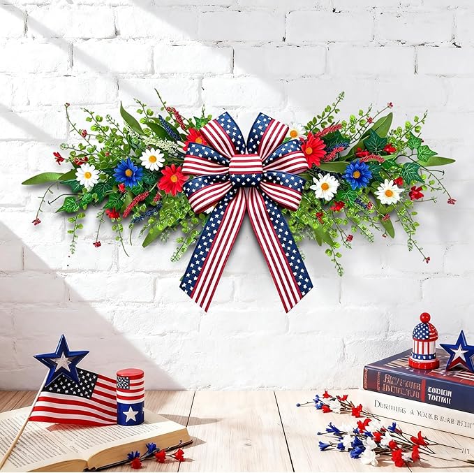 4th of July Patriotic Floral Swag Artificial Red White and Blue Independence Day Front Door Daisy Flowers Twigs Swag Memorial Day 250th Anniversary Veterans Day Decor for Arch Wall Home Door Decor